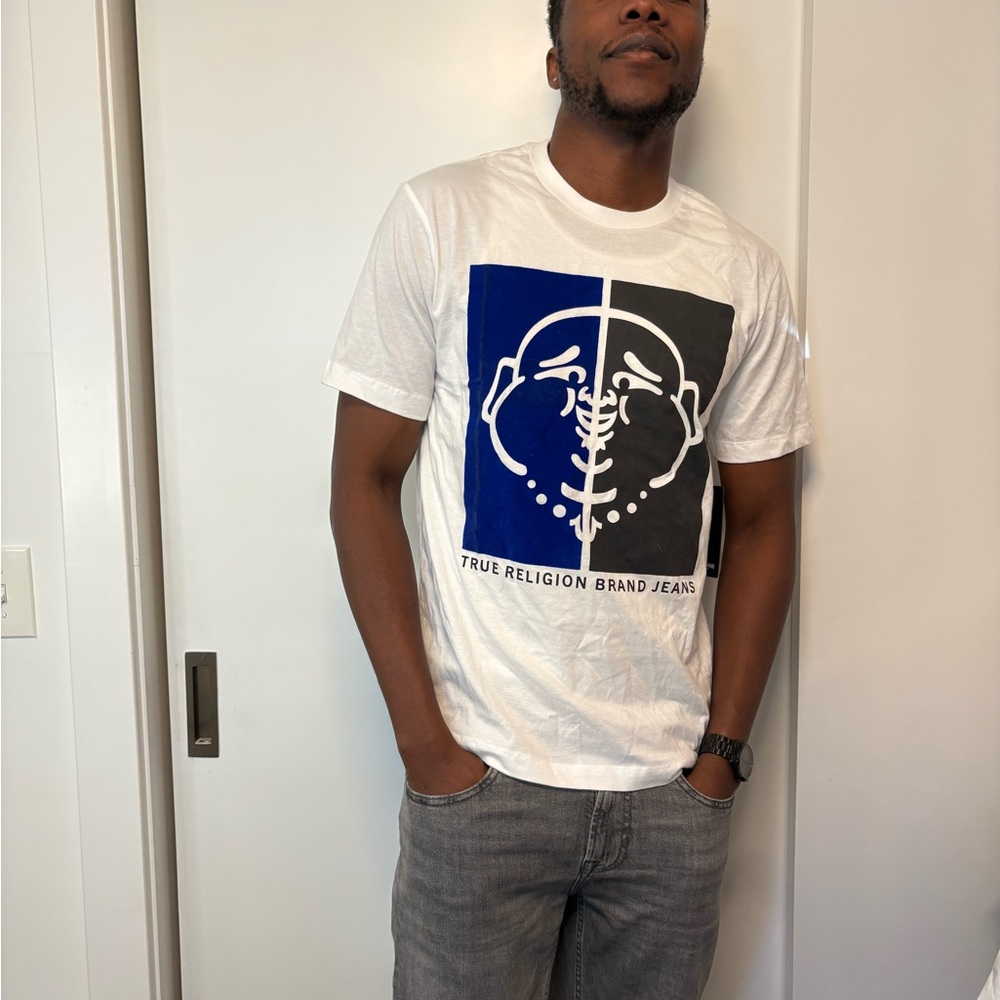 True Religion White Tee with Blue and Black Graphic